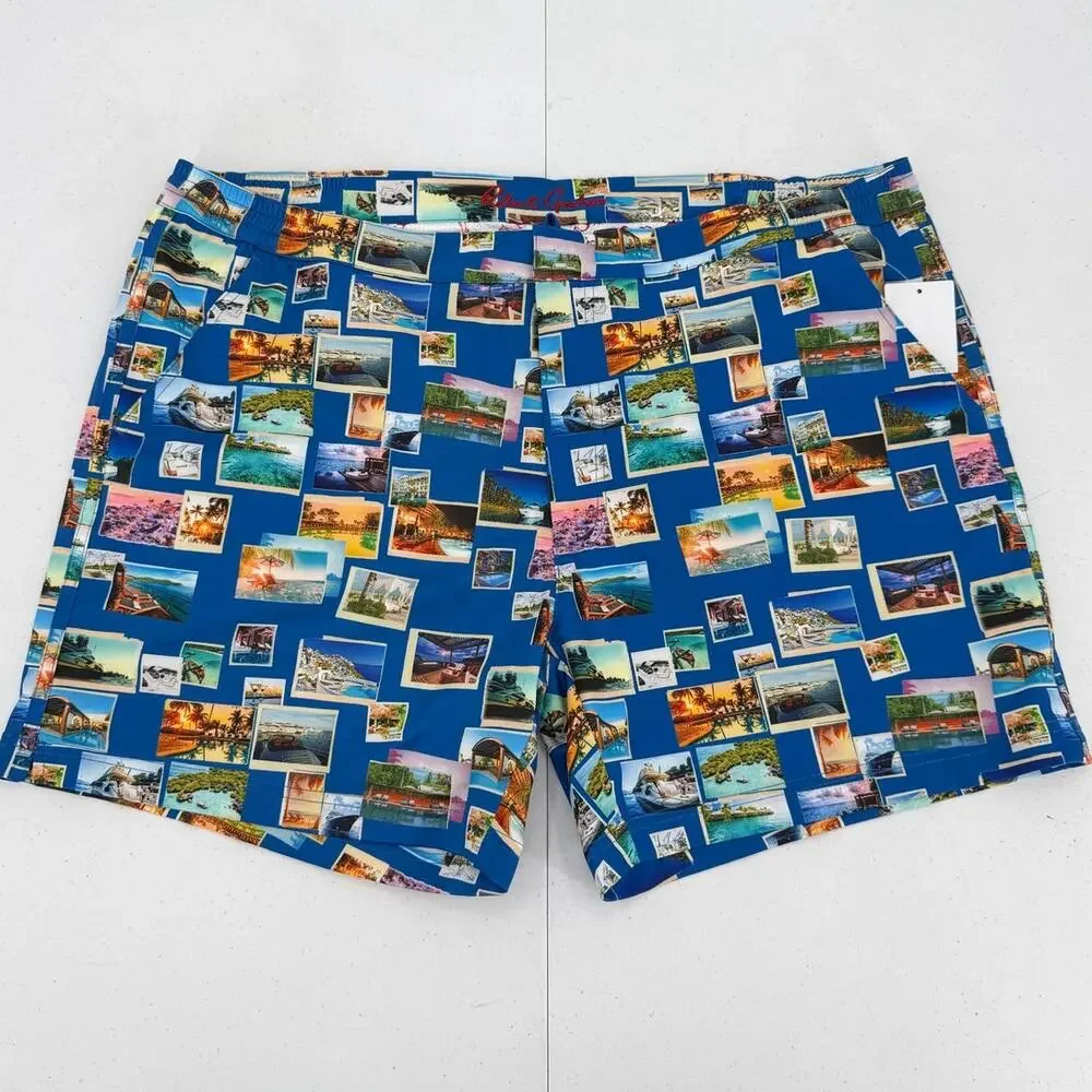 NWT Robert Graham Quick Dry Blue Postcards Swim Trunks Size XL